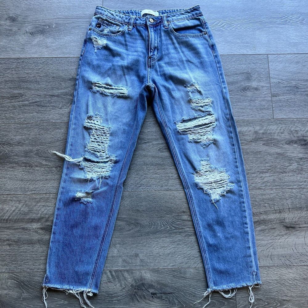KANCAN Jeans Women's Size 7/ 27 Blue Denim Distressed MOM Style Frayed Hem
